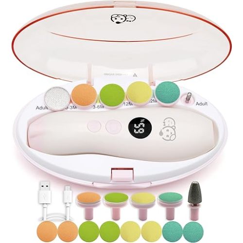 Royal Angels Upgraded 21 in 1 Baby Nail Trimmer with Labeled Case, 13 Extra Replacement Pads, Safe Electric Baby Nail File Kit for Newborns & Toddlers, Whisper Quiet Nail Clipper with LED Light (Blue)