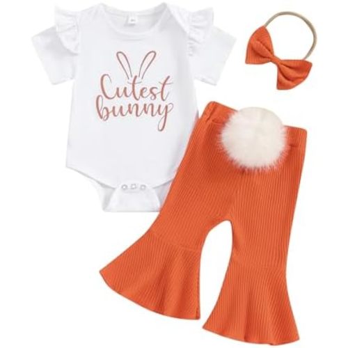 Kuriozud Newborn Baby Girl Bell Bottom Outfit Ruffle Romper Cute Bow Flare Pants Set Headband Cute Clothes