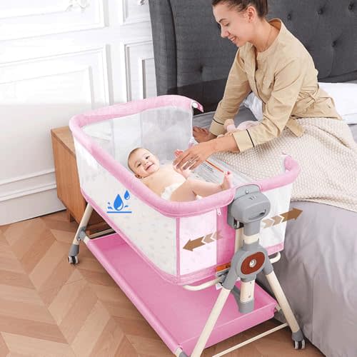 Hichangto Baby Bassinet, Rocking Bassinet with Waterproof Sheet, 3-in-1 Baby Bassinets Bedside Sleeper, 6 Height Adjustable Pink Bassinet
