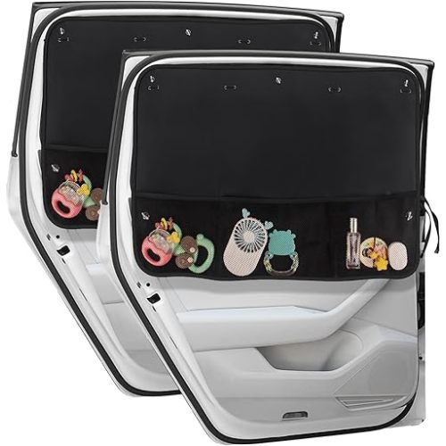 Car Sun Shade Side Window, 2 Pack Blackout Car Window Shade for Baby with Storage Net Pockets Car Window Curtain 7 Suction Cups for Heat/UV Protection Sun Blocker