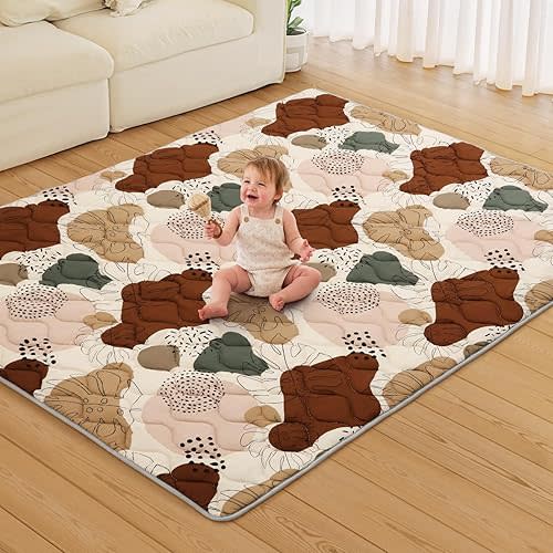 Blissful Diary Baby Play Mats for Floor, 71x59 Inch Extra Thicker & Large Soft Cushioning Foam Playmats for Babies and Toddlers, Foldable Washable Baby Crawling Mat for Playpen, Boho Design
