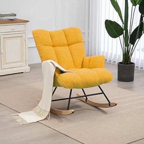 SAETSFEG Nursery Rocking Chair Teddy, Upholstered Glider Rocker with High Backrest, Comfortable Stylish Accent Armchair with Padded Seat for Living Rooms, Bedrooms, Offices, Yellow