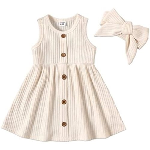 PATPAT Baby Toddler Girl Dresses Infant Sleeveless Summer Tank Dress Sundress Long Sleeve Fall Dress Rib Knit with Headband