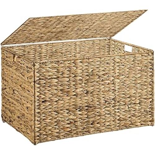 Water Hyacinth Storage Basket with Lid, 27.7 Gallon (105L) Blanket Storage Basket with Handles, Woven Storage Bin, Foldable, Metal Frame, for Bedroom, Laundry Room, Natural