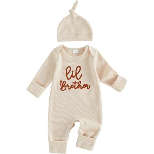 allshope Newborn Baby Boy Fall Outfit Romper Little Brother Lil Bro Long Sleeve Jumpsuit Bodysuit Cute Infant Waffle Clothes