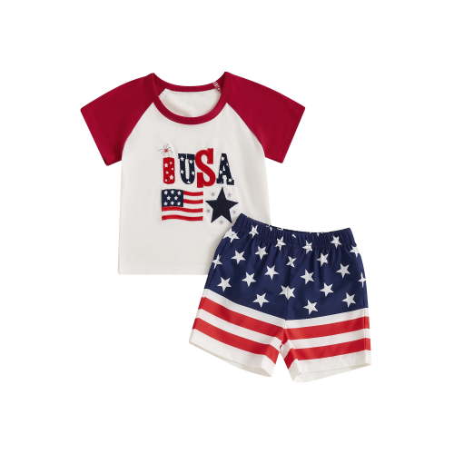Toddler Baby Boy 4th of July Outfit 6 12 18 24 Months 2T 3T 4T Flag Embroidery Crew Neck Short Sleeve T-Shirt and Shorts 2 Pcs Set