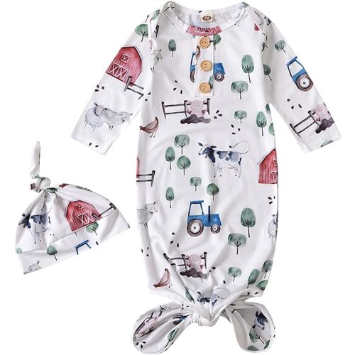 AMAWMW Newborn Baby Boys Girls Cartoon Sleeper Gown Long Sleeve Mountain Nightgown Hat Outfits - White Farm - 0-6 Months
