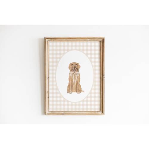 Golden Retriever Nursery Decor, Watercolor Dog Print, Neutral Nursery, Boy Gingham Wall Print, Tan Beige Bow Art