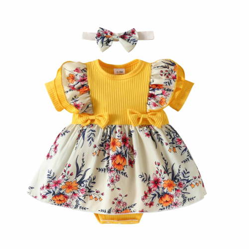 Zwiiyzr Toddler Baby Girl Ruffled Romper Dress Set Short Sleeve Cute Summer Clothes with Headband 0-18 Month Yellow