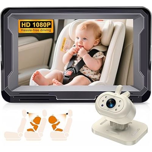AMTIFO Baby Car Camera 1080P HD Plug-Play Monitor: 4.3 Inch IPS Display with Sun Visor - 150° Wide-Angle 360° Swivel Backseat Cam, Infrared Night Vision, Rabbit Design - Beige