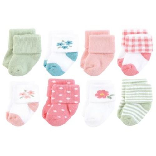 Hudson Baby Infant Girl Cotton Rich Newborn and Terry Socks, Coral Pretty Floral, 6-12 Months