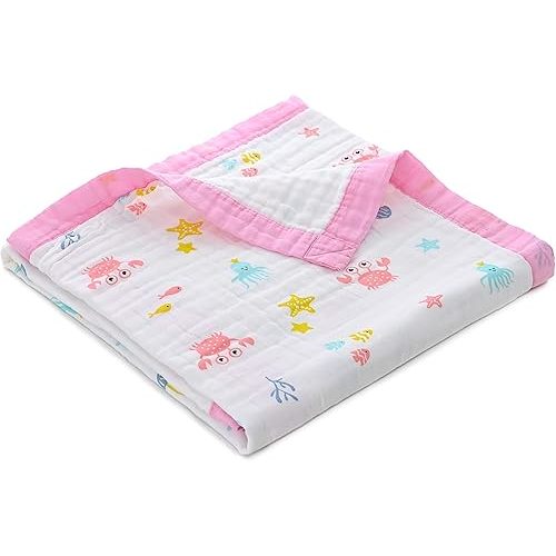 Jay & Ava Baby Muslin Blanket 42” x 42”, Soft Toddler Cotton Baby Blankets for Boy, 4 Layers Bed Muslin Throw for Baby Crib, Large Baby Receiving Blanket - (Pink Ocean)