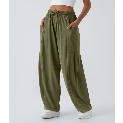 Mid Rise Elastic Waistband Drawstring Side Pocket Palazzo Flowy Wide Leg Casual Pants