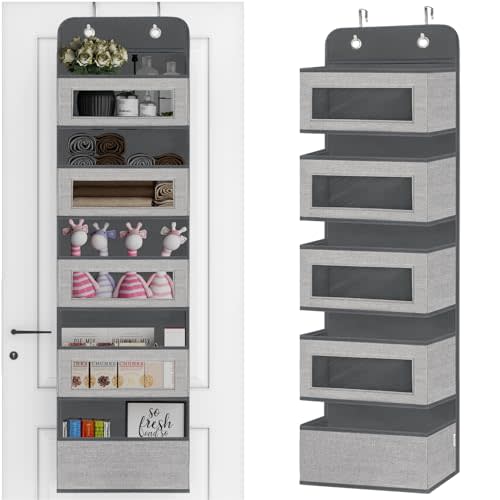 VERONLY Over The Door Hanging Organizer Storage with 5 Large Pockets,Wall Mount Clear Windows and 2 Widened Metal Hooks for Pantry,Nursery,Diapers,Bathroom,Kitchen,Closet,Dorm