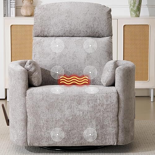 Oversized Swivel Rocker Recliner with Massage and Heat, Rocker Nursery Recliner for Adults with Adjustable Headrest, 26" Extra Wide Nursery Chair with 2 Pillows, Light Grey
