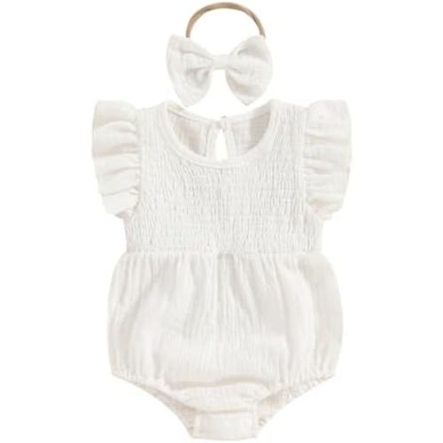 Newborn Baby Girl Clothes Ruffle Sleeve Solid Smocked Bubble Romper Jumpsuit Bow Headband Cute Summer Clothes