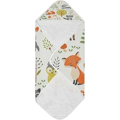 Summer Forest Cute Woodland Animals Trees Mushrooms Berries Baby Towel Baby Hooded Towel Soft Cotton Bath Towels for Baby Newborns Hooded Towel for Boys Girls Infants Toddlers 30x30 Inch