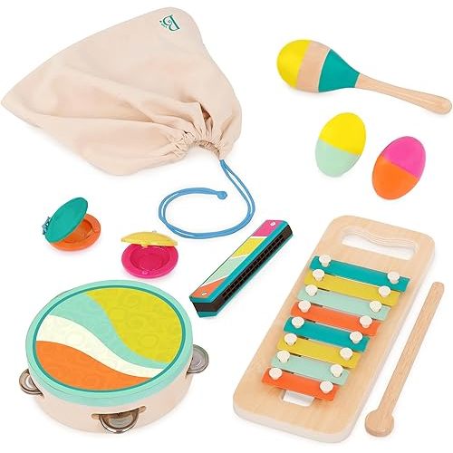 B. toys – Make a Melody – 9 Pieces Wooden Musical Instruments – Xylophone, Tambourine, Harmonica – Drawstring Storage Bag – 2+ Years