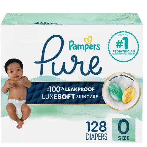Pampers Pure Baby Diapers, Size 0, 128, Up to 100% Leakproof, Premium Hypoallergenic Soft Diapers
