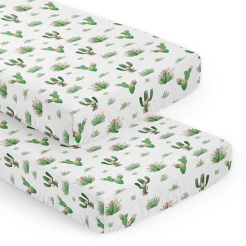 Sweet Jojo Designs Girl Fitted Crib Sheets Set Cactus Floral Pink and Green 2pc