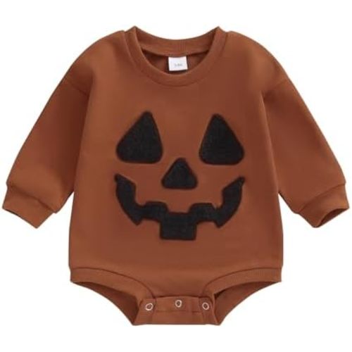 Halloween Newborn Baby Boy Outfit Long Sleeve Sweatshirts Rompers Pumpkin Face Patch Infant Fall Winter Clothes