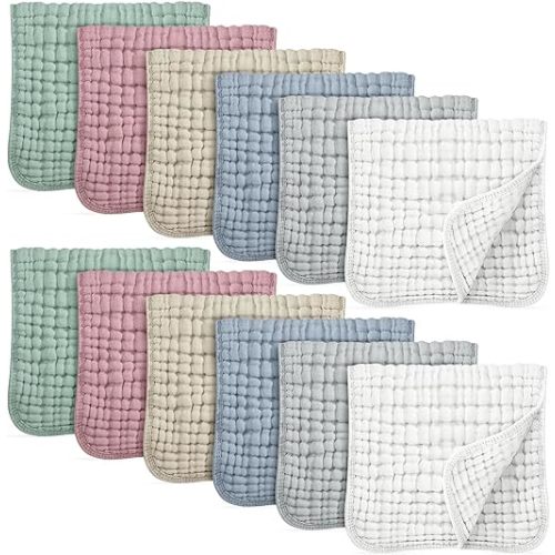 [12 Pack] Muslin Burp Cloths for Baby Large 20” x 10”, 100% Cotton Baby Washcloths Extra Soft and Absorbent, 6 Layers Baby Essentials Diapers Burping Cloths Rags for Baby Boys and Girls