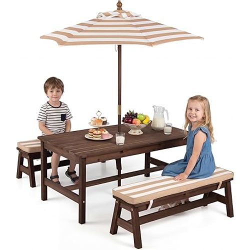 Costzon Kids Picnic Table, Fir Wood Toddler Outdoor Table & Bench Set w/Removable Umbrella & Cushions, Stripe Fabric, Kids Outdoor Furniture for Patio Backyard Garden, Fits 4 Children Age 3+ (Coffee)