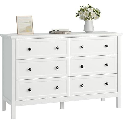 CARPETNAL White Dresser for Bedroom, 6 Drawer Dresser with Wide Drawer and Metal Handles, Wood Dressers & Chests of Drawers for Hallway, Entryway.