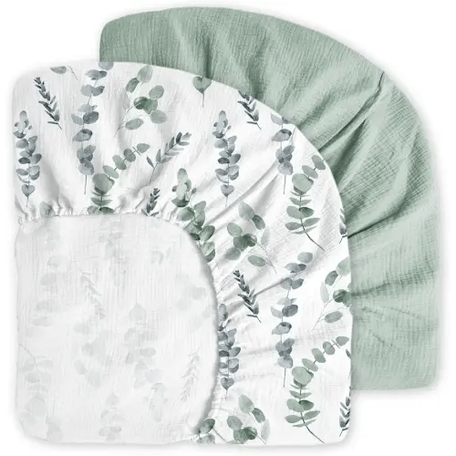 Muslin Crib Sheets, 2pk Neutral Fitted Baby Toddler Bed Sheets for Standard Crib Mattress & Toddler Bed Mattress, 28 x 52 inches, Green Leaves