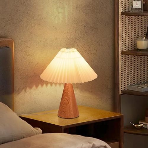 Wood Grain Small Table Lamp, Cute Table Lamp, Pleated Table Lamp, Wooden Bedroom Lamps for Nightstand, Small Scalloped Lamp Shade Table Lamps for Small Spaces for Bedroom,Living Room