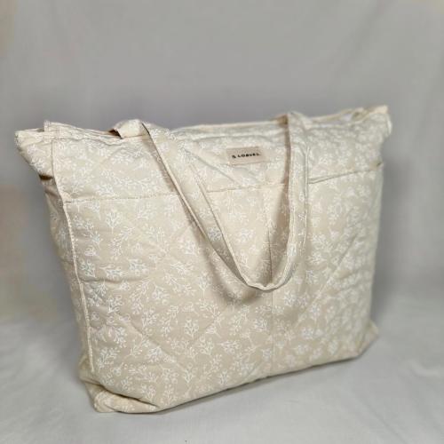Cream Floral Quilted Diaper Bag | Handmade Cotton Mom Tote, Lightweight Nursery Bag