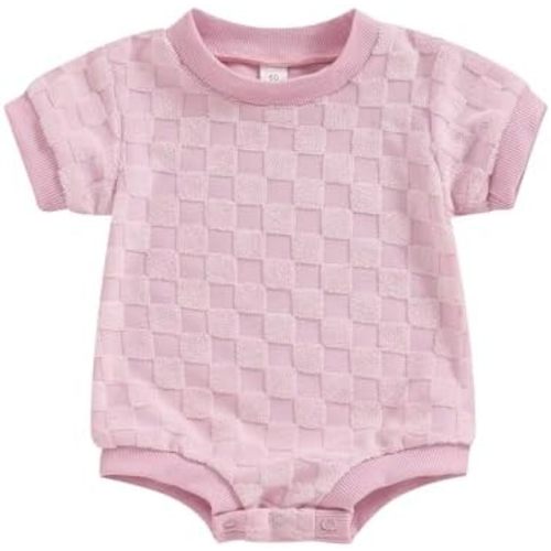Neutral Baby Clothes Short Sleeve Crewneck Checkerboard Fuzzy Bubble Romper Newborn Boy Girl One Piece Summer Outfit