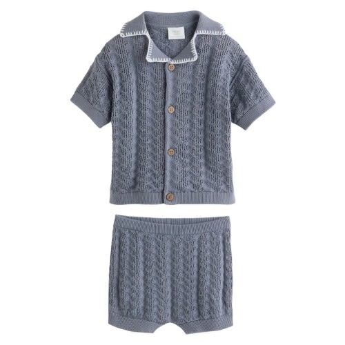 Cotton Knit Button-Up Shirt & Shorts Set