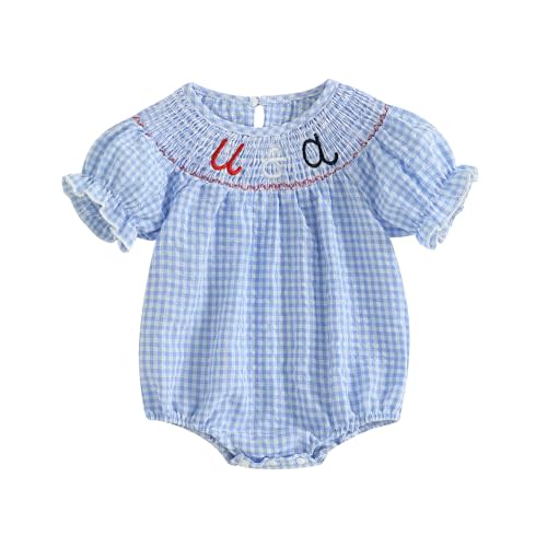 FIOMVA Toddler Baby Girl Clothes Summer Smocked Bubble Romper Embroidery Onesie Short Sleeve Bodysuit Cute Outfits