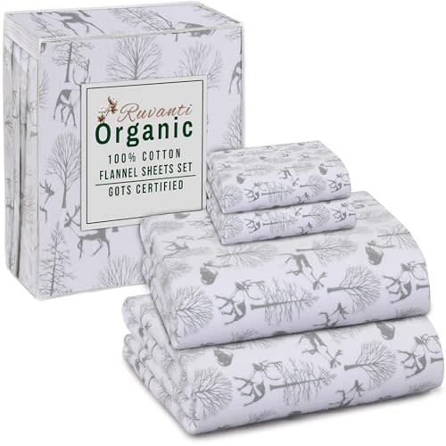 RUVANTI Organic Flannel Sheets Full Size - 100% Cotton Double Brushed Bed Sheet Set - Deep Pocket 16 Inches - All Seasons Breathable, Extra Soft, Warm & Cozy - 4 Pieces - Reindeer Rush