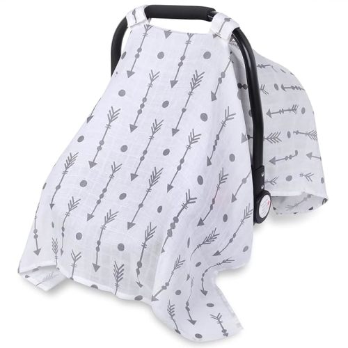Rquite Car Seat Covers for Babies, 100% Muslin Carseat Cover Boys Girls, Lightweight Infant Car Seat Canopy, Soft Breathable Baby Carrier Cover, Summer Stroller Cover (Grey Arrow)