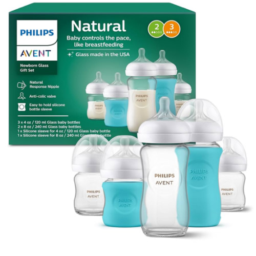 Philips Avent Natural Newborn Glass Gift Set, Baby Bottles with Natural Response Nipples, 3x 4oz (Slow Flow, Flow 2) and 2x 8oz (Medium Flow, Flow 3), 2x Silicone Sleeves, SCD858/01