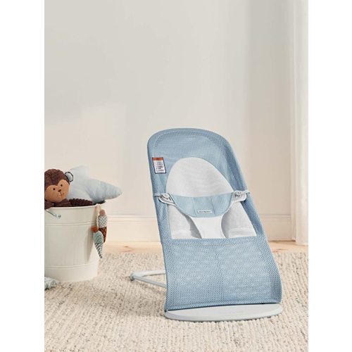 BabyBjörn Bouncer Balance Soft, Light Grey Frame, Mesh, Sky Blue/White, 2-in-1 Adjustable Baby Bouncer Seat and Toddler Chair, Newborn to Toddler (8-29 lbs), 4 Positions, Lightweight & Portable