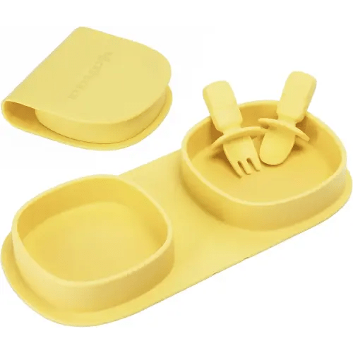 Toddler Plates Travel Essential on the go,Baby Plates with Forks and Spoons Self Feeding 6 months,Foldable,Silicone,BPA Free,Lemon