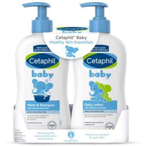 Cetaphil Baby Wash & Shampoo Plus Body Lotion, Healthy Skin Essentials, Head to Toe Hydration for Up to 24 Hours, for Delicate, Sensitive Skin, 2-Pack,White