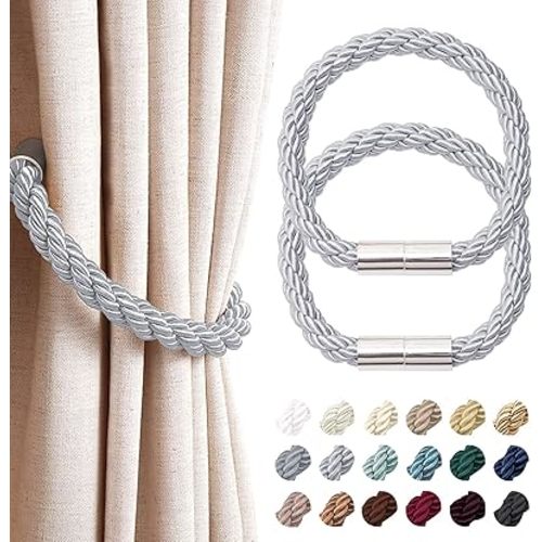 NICEEC 2 Pack Strong Magnetic Curtain Tiebacks Modern Simple Style Drape Tie Backs Convenient Decorative Weave Rope Curtain Holdbacks for Thin or Thick Home & Office Window Draperies (Light Grey)