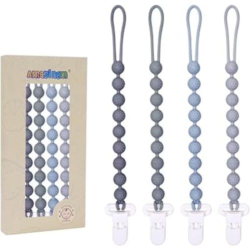 One Piece Design Silicone Pacifier Clip Holder,Pack of 4 Flexible Paci Leash,Binky Clips with Textures for Baby Boys and Girls,Newborn Essential (Gray)