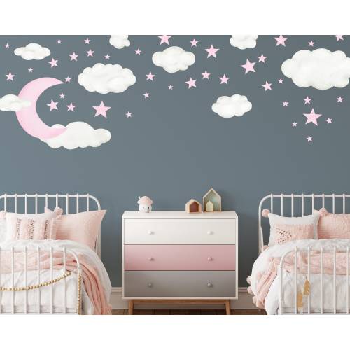Moon Clouds & Stars Nursery Wall Decal, Night Sky reusable fabric wall decals for Baby Room Decor, Perfect for baby shower decoration WB1618