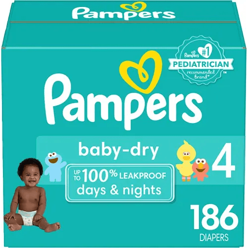 Pampers Baby Dry Diapers - Size 4, One Month Supply (186 Count), Absorbent Disposable Diapers