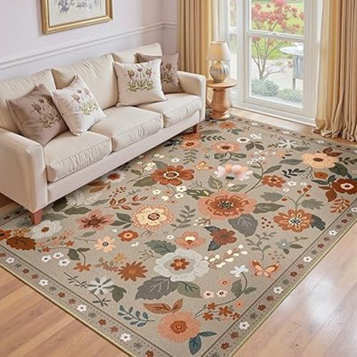 Floral 6x9 Area Rug Machine Washable Soft Print Boho Carpet Non Slip Doormat Low Pile Flower Area Rugs for Living Room Bedroom Nursery Kitchen Dining Room Indoor-Brown/Brick
