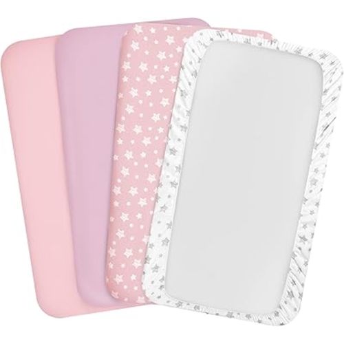 Pack and Play Sheets Girl, 4 Pack Stretchy Pack n Play Playard Fitted Sheet, Compatible with Graco Pack n Play, Soft and Breathable Material, Pink