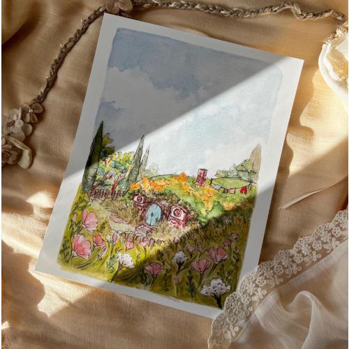 Under the Hill Watercolor Print: Fairytale Cottagecore Art (8.5”x11”)