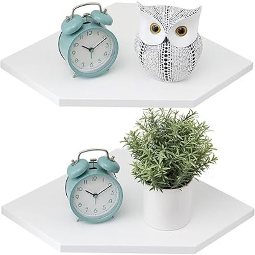 Corner Floating Shelves, White Corner Wall Shelf Set of 2, Solid Oak Wood Corner Shelves Wall Mount Shelf with Wire Hole Small Plant Display for Kitchen Living Room Bedroom