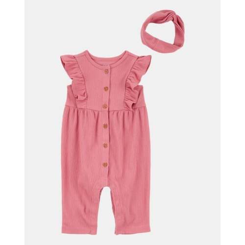 Baby Girl 2-Piece Solid Flutter-Sleeve Relaxed Fit Jumpsuit & Headwrap Outfit Set - Pink
 | Carter's
