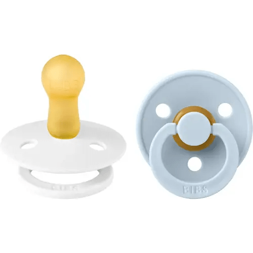 BIBS Pacifiers Colour Collection | Natural Rubber Baby Pacifier | Set of 2 BPA-Free Soothers | Made in Denmark | 6+ Months (Pack of 2) | Baby Blue/White